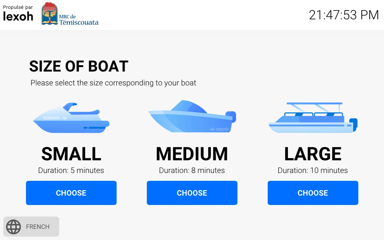 Boat size selection screen