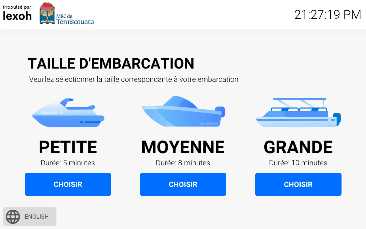 Écran sélection de la grosseur de l'embarcation