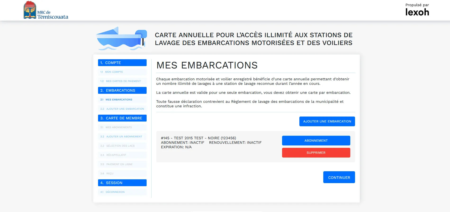 Écran portail client embarcations