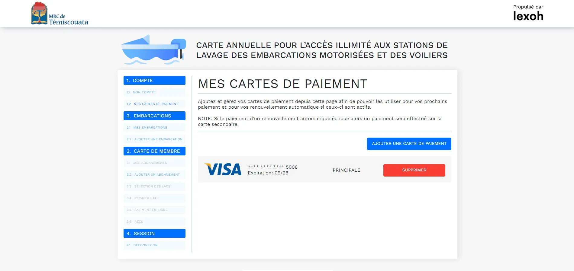 Écran portail client gestion des cartes de crédit