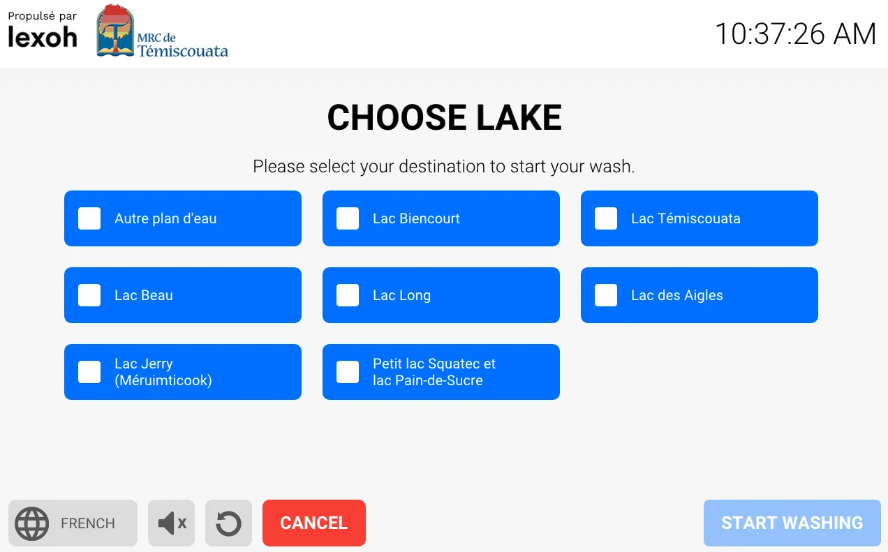 Lake selection screen