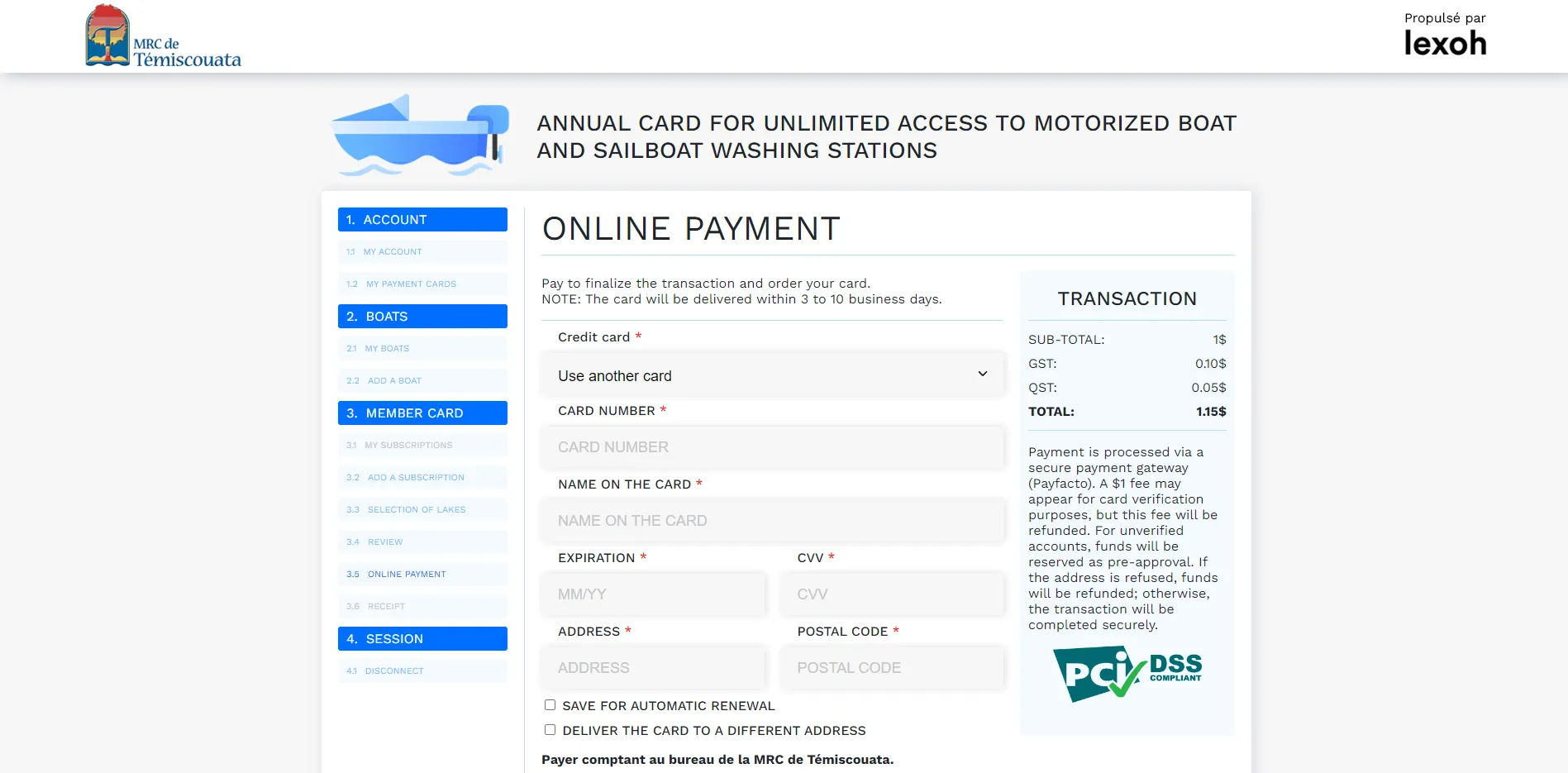 Client portal payment screen