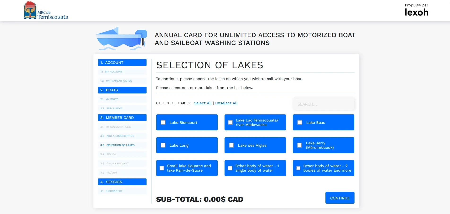 Client portal lake selection screen