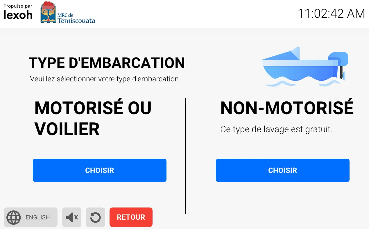 Écran choix du type d'embarcation